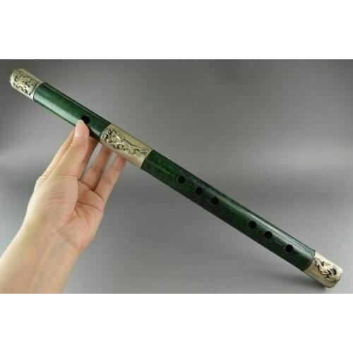 Chinese handwork old Tibet-Silver Carved Dragon antique Jade Flute