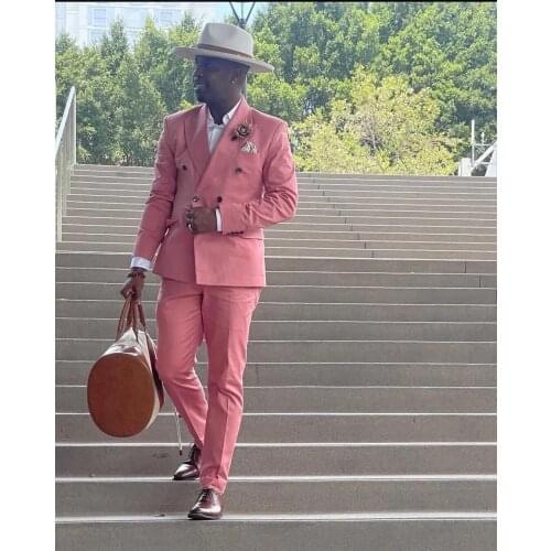 New Pink Double Breasted Men Suits Peak Lapel Fashion Wedding Groom Tuxedos Prom Terno Masculino Blazer 2 Pieces Costume Homme