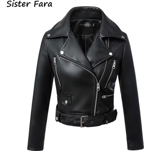 Sister Fara Spring Autumn Women Faux Leather Jackets Turn-down Collar With Belt Casual Jacket Faux Leather Zipper Jackets Coat
