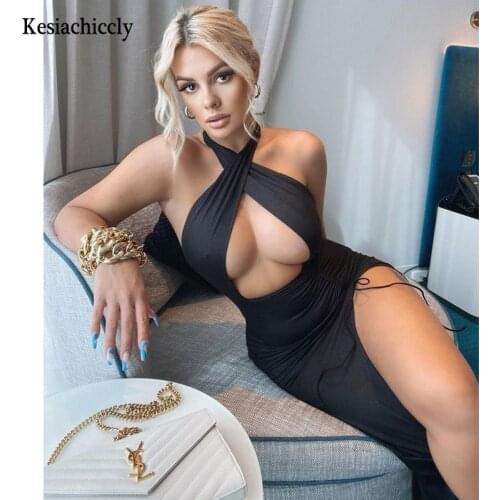 Kesiachiccly Summer Split Sexy Backless Maxi Dresses Club Party Elegant Drawstring Ruched Sleeveless Halter Dress Women Outfits