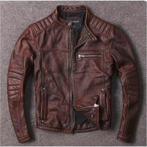 Mens Genuine Cowhide Motorcycle Leather Jacket Retro Brown Fashion Slim-Fit Short Stand-up Collar Leather Jacket Plus Size coat