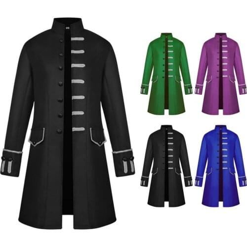 Stand Collar Men Coat Solid Color Top Long Sleeve Pockets Buttons Closure Halloween Trench Coat Steampunk Jacket Cosplay Costume