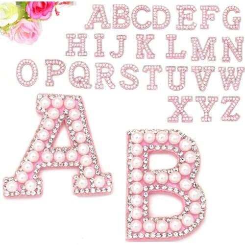 Pink English Letters Pearl Rhinestone Patches For Clothes Alphabet Pearl Rhinestones Applique Sew On/iron On Patches DIY Name