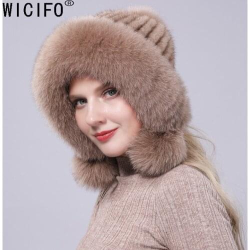 New fur mink European Womens Knitted Cap Winter Warming Pure-color Cap Warming Girls Fashion Cap Knitted couple fox fur hat