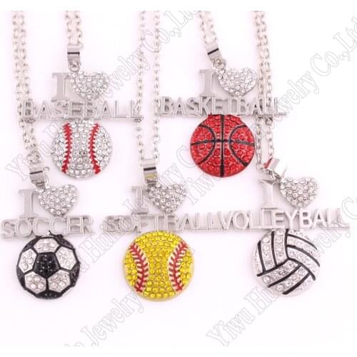 New Arrival 10 pcs a lot rhodium plated with crystal I LOVE BASEBALL/BASKETBALL/SOCCER/SOFTBALL/ VOLLEYBALL pendant necklace
