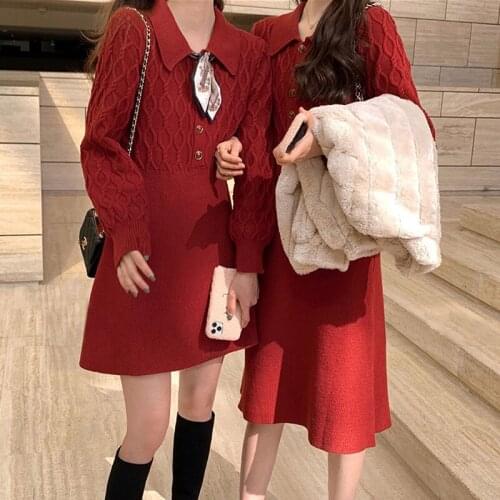 Family Visiting Shoes Bridal Toast Dress, Fashion Annual Meeting Dress, Bottoming Red Knitted Dress for Women, Autumn and Winter
