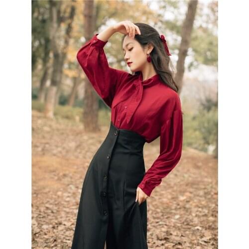 2021 autumn fashion suit women red shirt high waist large swing skirt two-piece set elegant commuter professional daily suit