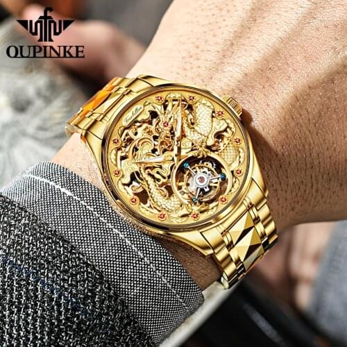 OUPINKE Tourbillon Mechanical Skeleton Gold Real Watch Sapphire glass Watches Rotary Hand Wind Wristwatch Man watches Gifts set