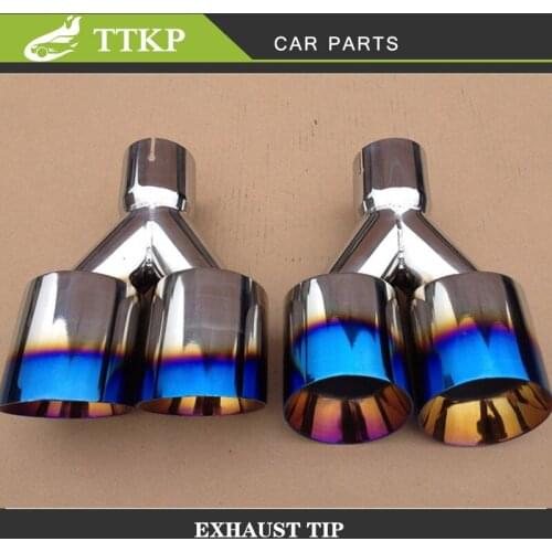 A pair of car universal new stainless steel 1 to 2 double exhaust system silver blue tube muffler exhaust tail pipe tip