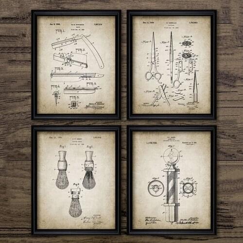Barber Patent Blueprints Vintage Posters Canvas Prints ,shaving Brush, Scissors Barbers Pole, Cutthroat Razor Barbershop Decor