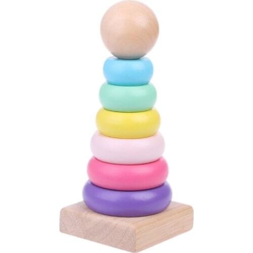 Warm Color Rainbow Stacking Ring Tower Stapelring Blocks Wood Toddler Baby Toys 634F