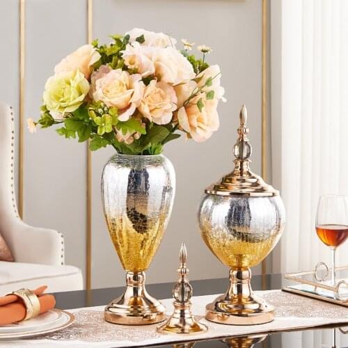 Ins Luxury Cracked Ice Stained Glass Vase Decoration Home Livingroom Table Ornaments Office Desktop Fake Flower Figurines Crafts