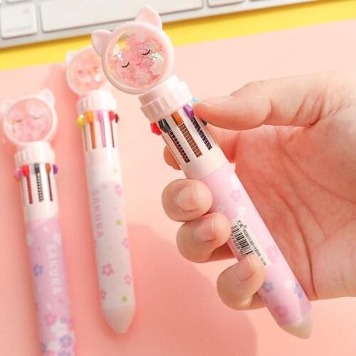 Kawaii Girlish Cartoon Flash Drilling Cat Colorful Sugar Ballpoint Pen with Multi-colored Pen Push Type School Students Pen