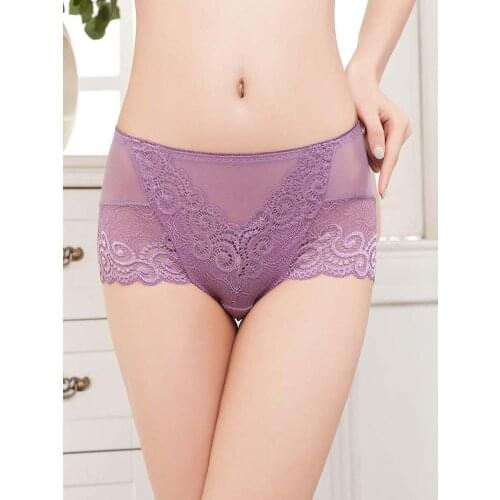 AS12 Sexy Womens Panties Full Transparent Gauze Floral Lace Seamless Underwear Women Mid-waist Women Briefs