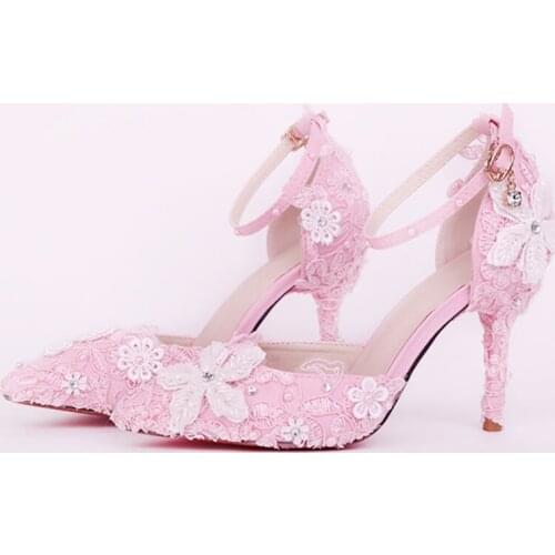 9cm High Heels Wedding Shoes Women Pumps Blue Pink Crystal Lace Flower Stiletto Buckle Strap Bridal Shoes Party Ladies Shoes