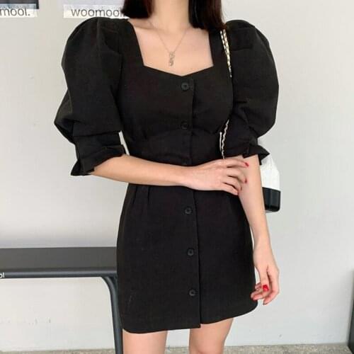 Party 2021 A-Line Summer Sexy Holiday Slim Short Sleeve Vintage Dress for Women Dress Elegant Puff Sleeve Solid Black