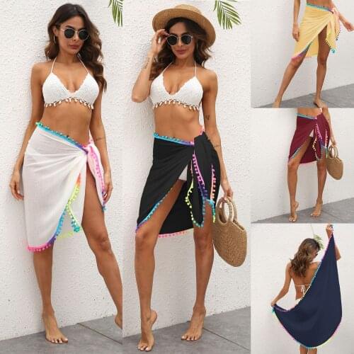 Women Bohemian Solid Beach Swimwear Cover-ups Colorful Tassel Decoration Irregular One-piece Beach Skirt With Bandage Skirt Lady