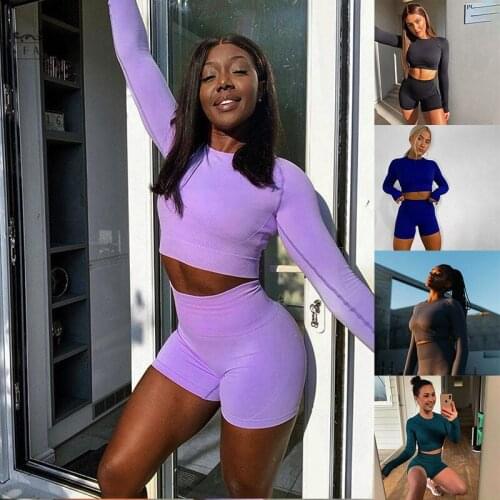 Women Fitness Yoga Sets Seamless Sportswear Running Gym Long Sleeve Shorts 2pcs Workout Outfit Tights Elasticity Ladies Yoga Set