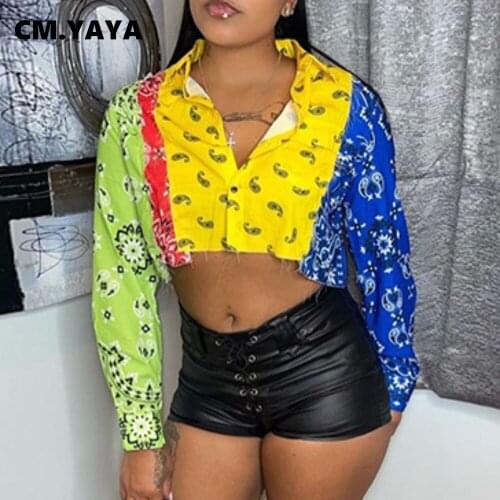 CM.YAYA Women Shirts Bandanna Paisley Print Crop Tops Female Sexy Bare Midriff Fashion High Streetwear Autumn Clothing 2021