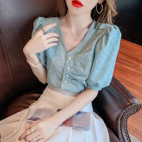 ZHOUTAYLOR Women Shirts Office Lady Short fashion V-Neck Blouse Femme Single Breasted Puff Sleeve Summer Slim Female Tops