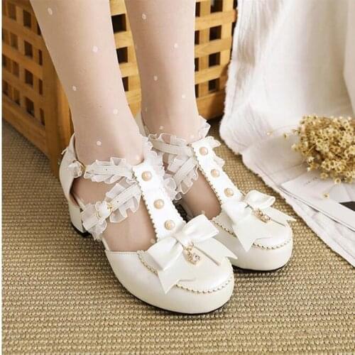 Pumps Spring summer new style t type butterfly Knot sweet Thick heel Lace cosplay Womens single shoes high 5cm plus size 34-45