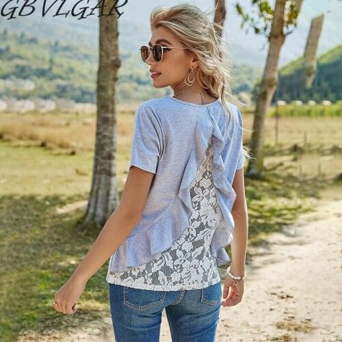 2021 Women Cotton Short Sleeve O Neck Pullover Shirts Boho Chic Back Lace Patchwork Ruffled Gray Tees New Fashion Women T-shirt