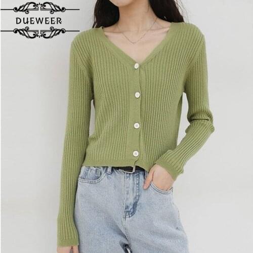 DUEWEER Knitted Sweater Women Cardigan Solid V-Neck Single Breasted Leisure Chic Sweet Elegant Trendy Simple Outwear Soft