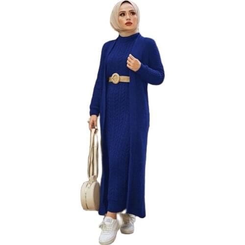 2 Pieces Woman Knitted Suit, Long Cardigan and Maxi dress Muslim Islamic Fashion Islamic Clothing Turkey Hijab Abaya Dubai 2021