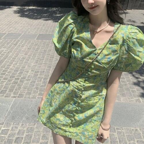2021 The New Womens Floral Green Dress Puff Short Sleeve Ruffle Vintage Summer Dress Woman V-neck Elastic Mini Sexy Dresses