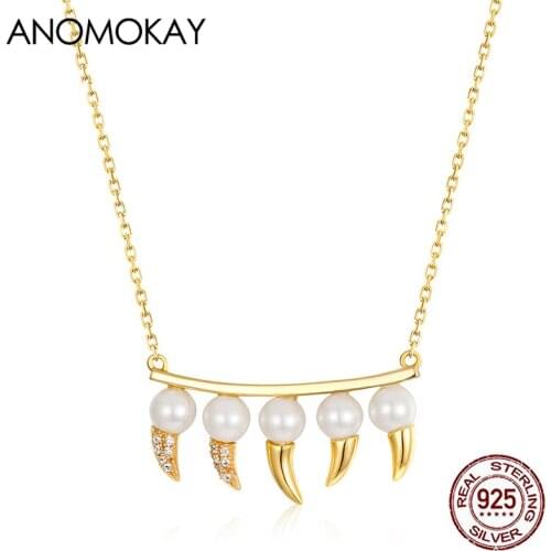 Anomokay Trendy Horns Decor Pearl Necklace Gold Color 925 Silver Chain Link Necklace for Women Luxury Jewelry Gift