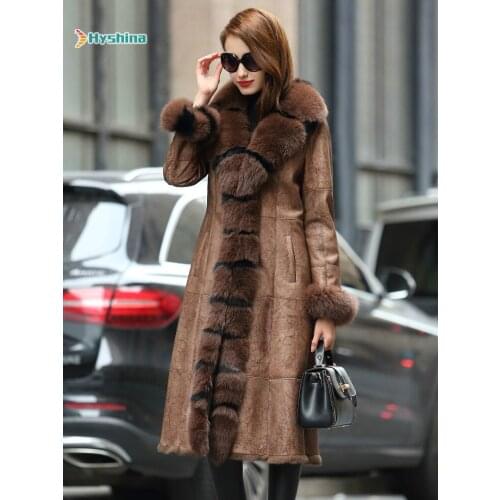 Fur Integrated Coat Womens Long Fox Fur Collar Leather Coat Womens Fur Coat