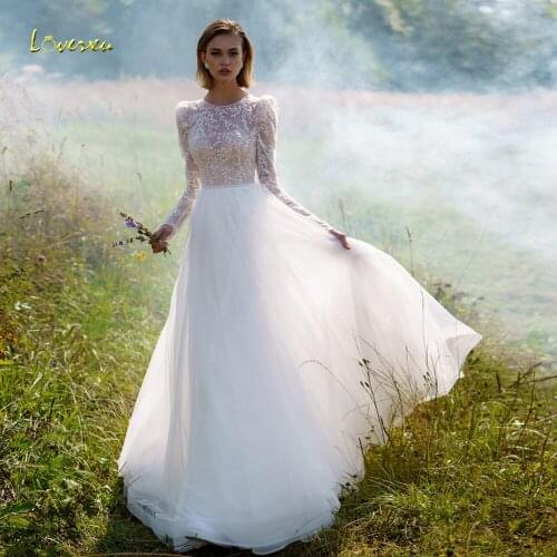 Loverxu Simple Boho Wedding Dresses 2021 O-Neck Long Sleeve Bridal Gown Lace Appliques A-line Beach Vestido De Novia Bride Dress