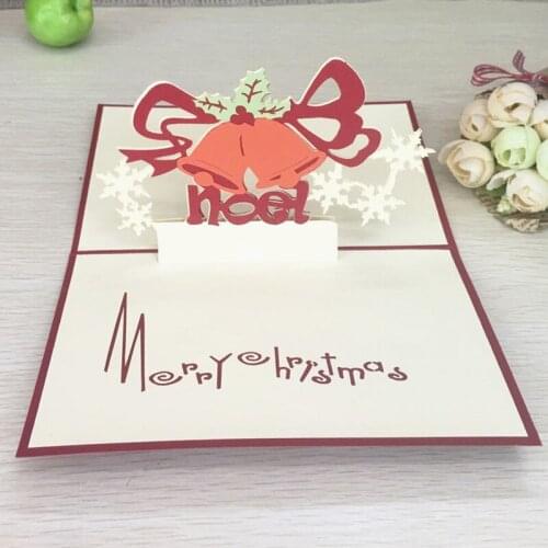 1pcs Bells Christmas 3D Laser Cut Pop Up Paper Handmade Postcard Custom Xmas Greeting Cards With Envelope Gifts Lover