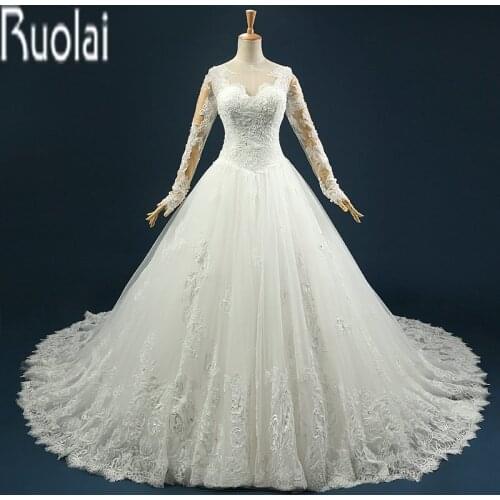 2016 New Arrival Real Sample Ball Gown Lace Applique Long Sleeves Beading Tulle Formal Church Wedding Dresses For Bridal