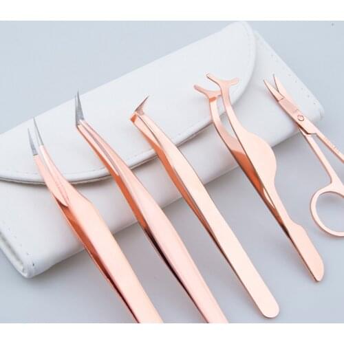5 Pcs/lot Eyelash Extension Tweezers Kit Stainless Steel False Eyelashes Applicator Eyebrow Scissors Tools With Leather Case