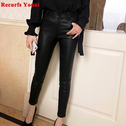 Genuine Leather Pants Women 2020 Winter Tight-Fitting Stretch 100% Sheepskin Boots Trousers Mujer Classic Black Pencil Pantalon