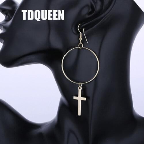 TDQUEEN Black Gun Metal Dangle Cross Drop Earring Large Circle Round Hanging Cross Dangle Earrings Vintage Statement Earrings
