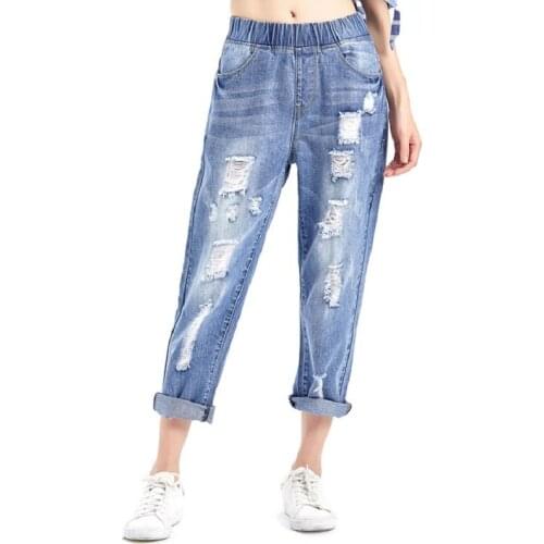 Oversize 7XL 8XL Spring Autumn Women Elastic Waist Jeans Ripped Loose Denim Pants Casual Washed Denim Trousers Harem Pants
