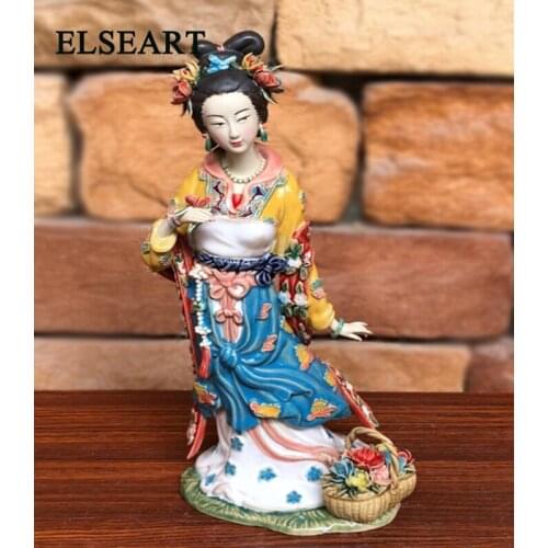 Porcelain painted pottery lovely Lin Daiyu from the Story of Stone beauty lady with flower basket home decoration