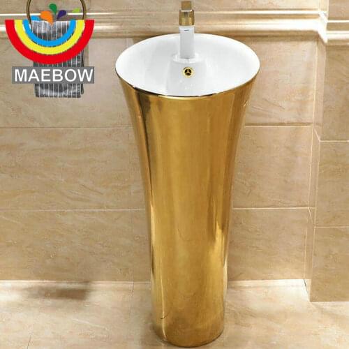 Mosaic Gold Plain Gloden Round Pedestal Sink Ceramic Bathroom Sink With Stand Pedestal Wash Basin