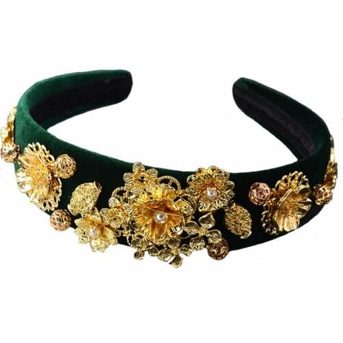 Green Golden Sunflower Crown Baroque Retro Crystals Hair Band Pearl Hair Jewelry Wedding Tiara Accessories Gifts For Women Party