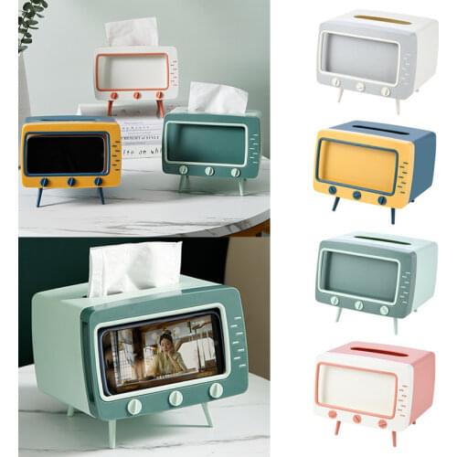 Creative 2 In 1 TV Shape Tissue Box Desktop Paper Holder Dispenser Storage Napkin Case Organizer with Mobile Phone Holder