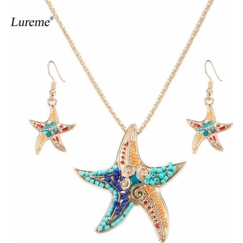 Lureme Bohemian Colorful Animal Starfish Necklace Pendant Dangle Earrings Jewelry Set for Womens Girl (js000694)
