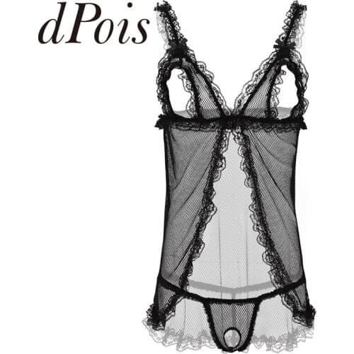 2Pcs Men See Through Sheer Fishnet Lace Lingerie Set Elastic Straps Open Cups Tops with Open Hole Low Rise G-string Briefs