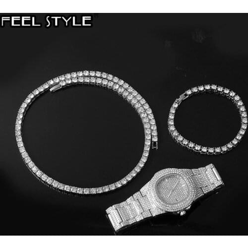 Hip Hop Iced Out 3PCS kit Necklaces + Watch+Bracelet Rhinestone Bling Crystal Tennis Chain Necklace For Men Charm Jewelry