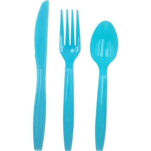 Plastic Solid Color Knives Forks Spoons Set Yellow Blue Pink Black Purple Green Disposable Tableware for Bitrhday Party Supplies