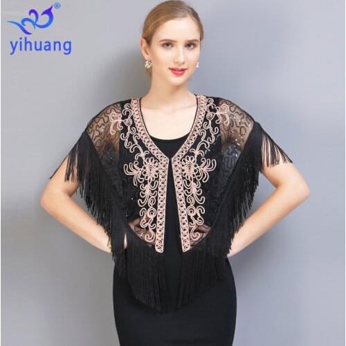New Female 1920s Sequin Tassel Shawl Mesh Fringe Evening Party Cape Flapper Cover Up Short Sleeve Blouses