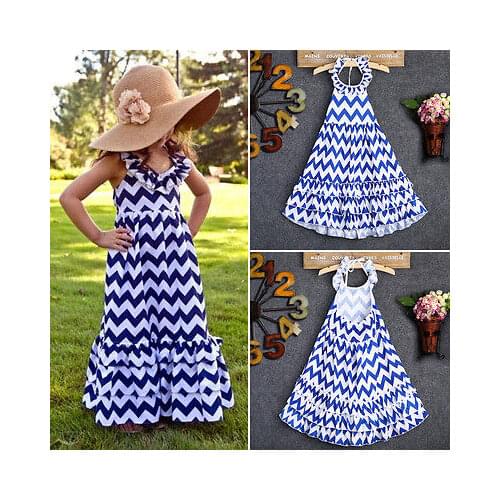 Fashion Kids Children Girls Dresses Blue & White Wavy Brief Striped Boho Maxi Party Dress New Summer 3 4 5 6 7 8 9Y