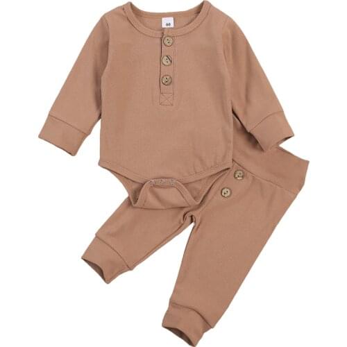 Toddler Infant Baby Girls Boys Sets Cotton Casual Autumn Clothes Solid Button Long Sleeve Romper+Trousers 2PCS Newborn Baby Set