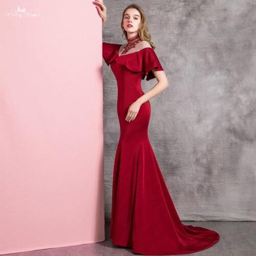 RSE898 Elegant Vestidos De Fiesta Beading Neckline Ruffle Off Shoulder Long Red Burgundy Mermaid Prom Dress